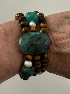 Handcrafted Chrysocolla Stone and Tiger Eye Beaded Bracelet